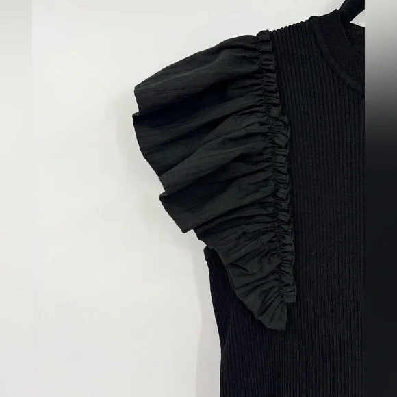INDUSTRY Republic Clothing Ruffle Sleeve Top Crew Neck Solid Black Size Medium - Picture 7 of 10